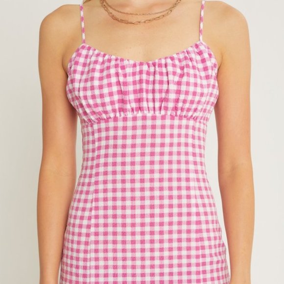 WOMEN'S PINK GINGHAM SPAGHETTI STRAP  CAMI MINI DRESS - Picture 3 of 4